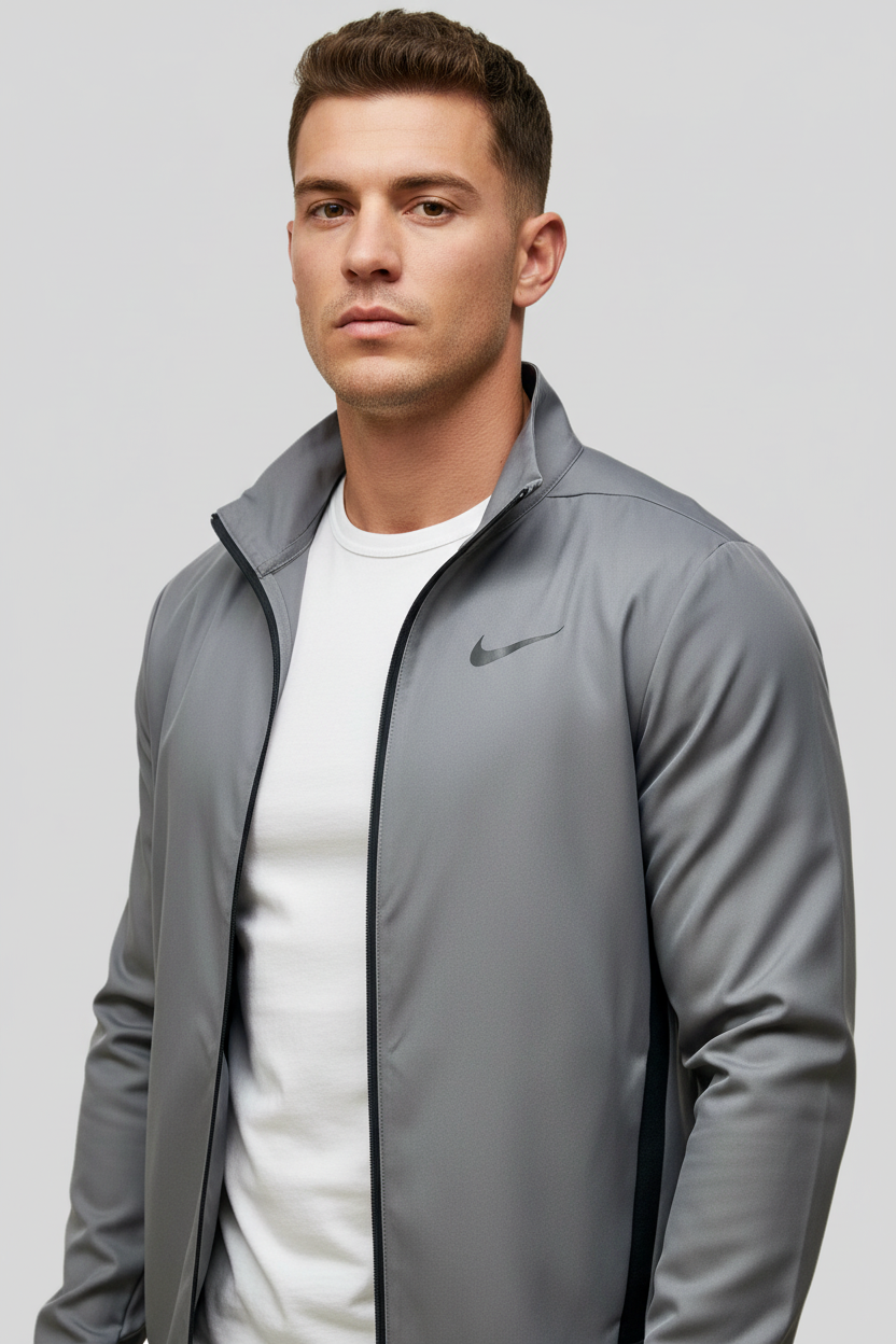 Jacket Nike ✔️color gris claro con zíper completo y logo en color gris oscuro Talla M