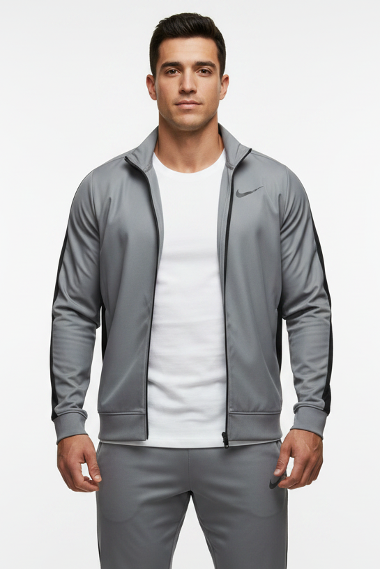 Jacket Nike ✔️color gris claro con zíper completo y logo en color gris oscuro Talla M