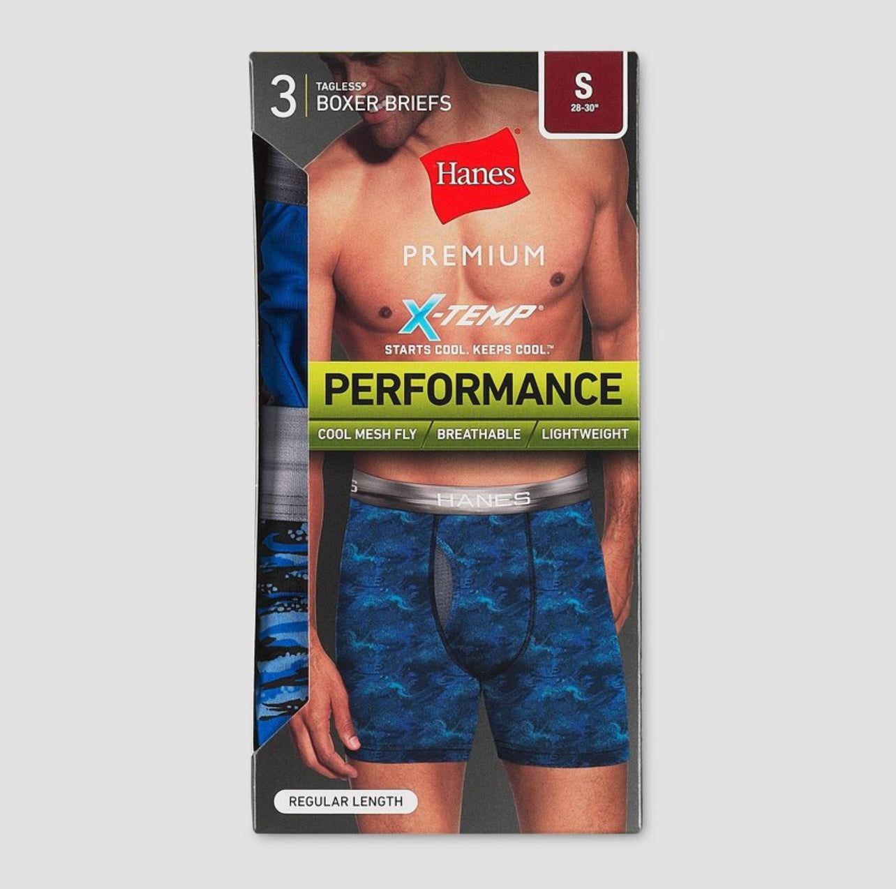 Paquete de 3 Calzoncillos tipo Boxer Hanes de Tela Performance X-Temp en color azul y rojo- Tela ligera en Talla L