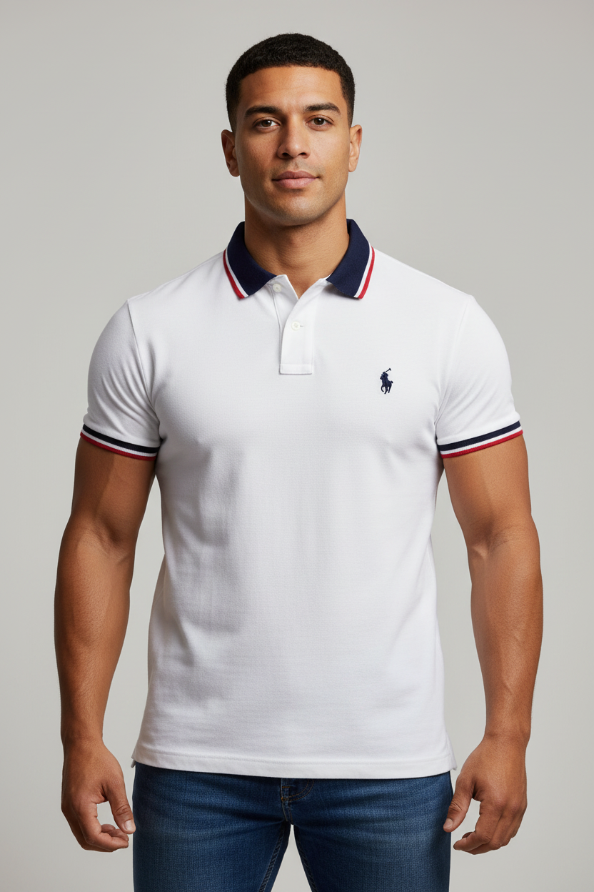 Camiseta Polo Ralph Lauren 🏇🏼 color blanco con diseño en azul y rojo Talla L Entalle Clásico