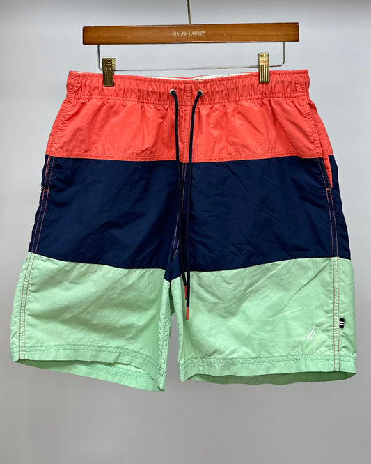 Shorts de baño Nautica ⚓️ con franjas en color rosado, azul navy y verde claro talla M