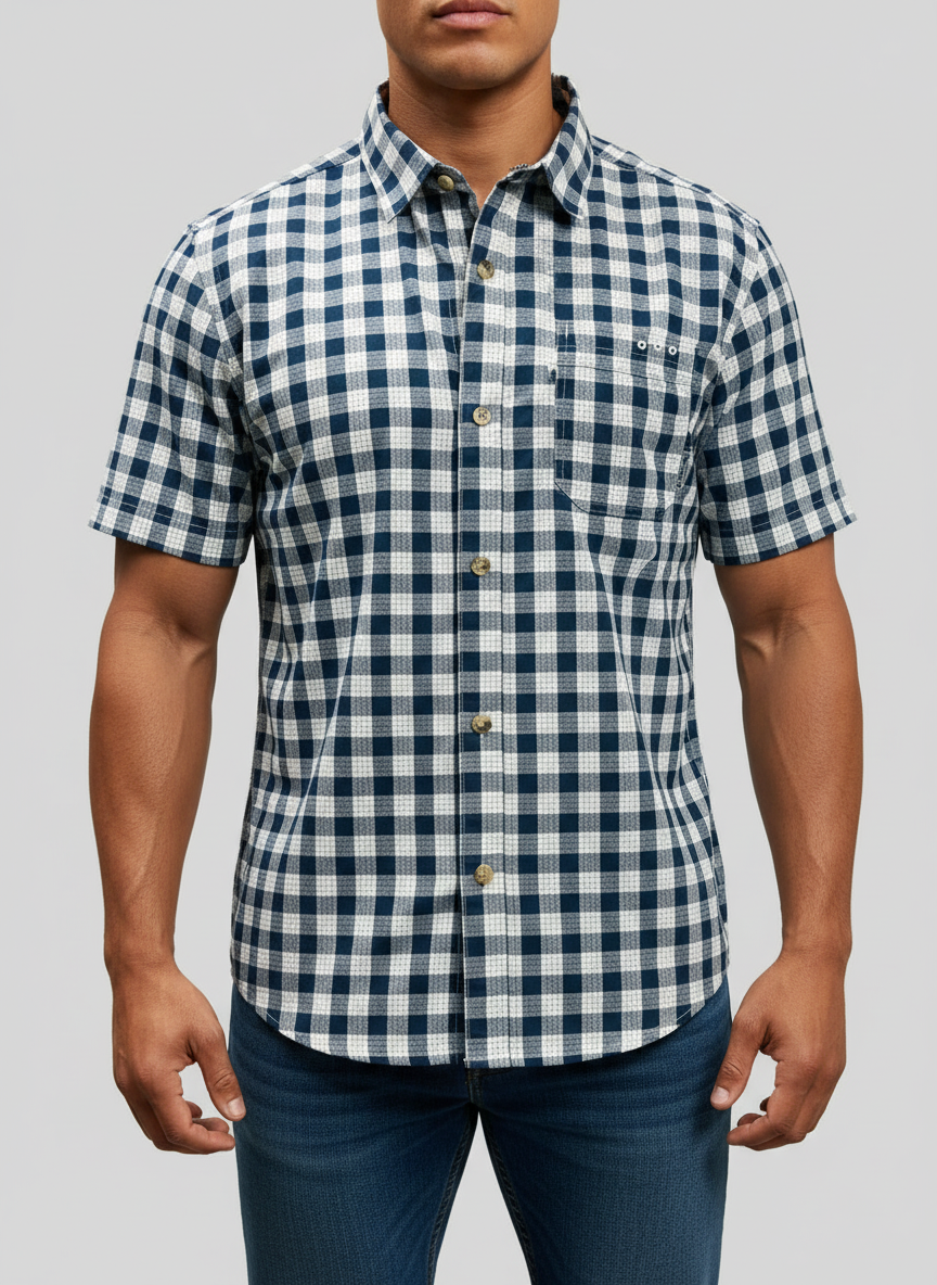 Camisa Columbia 🔹 con patrón de cuadros en azul navy y blanco Manga corta Talla L