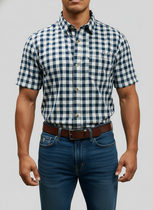 Camisa Columbia 🔹 con patrón de cuadros en azul navy y blanco Manga corta Talla L