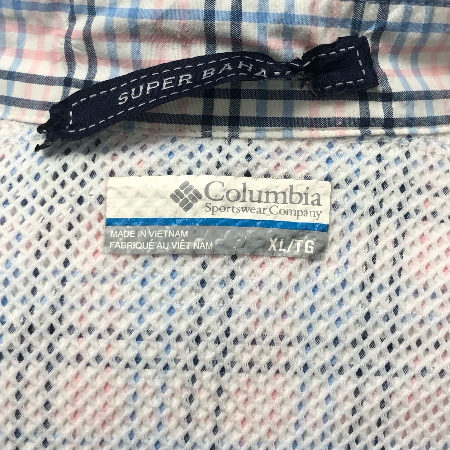 Camisa Columbia 🔹 Super Bahama Color blanco de cuadros en azul y rosado Talla XL (ver descripción)