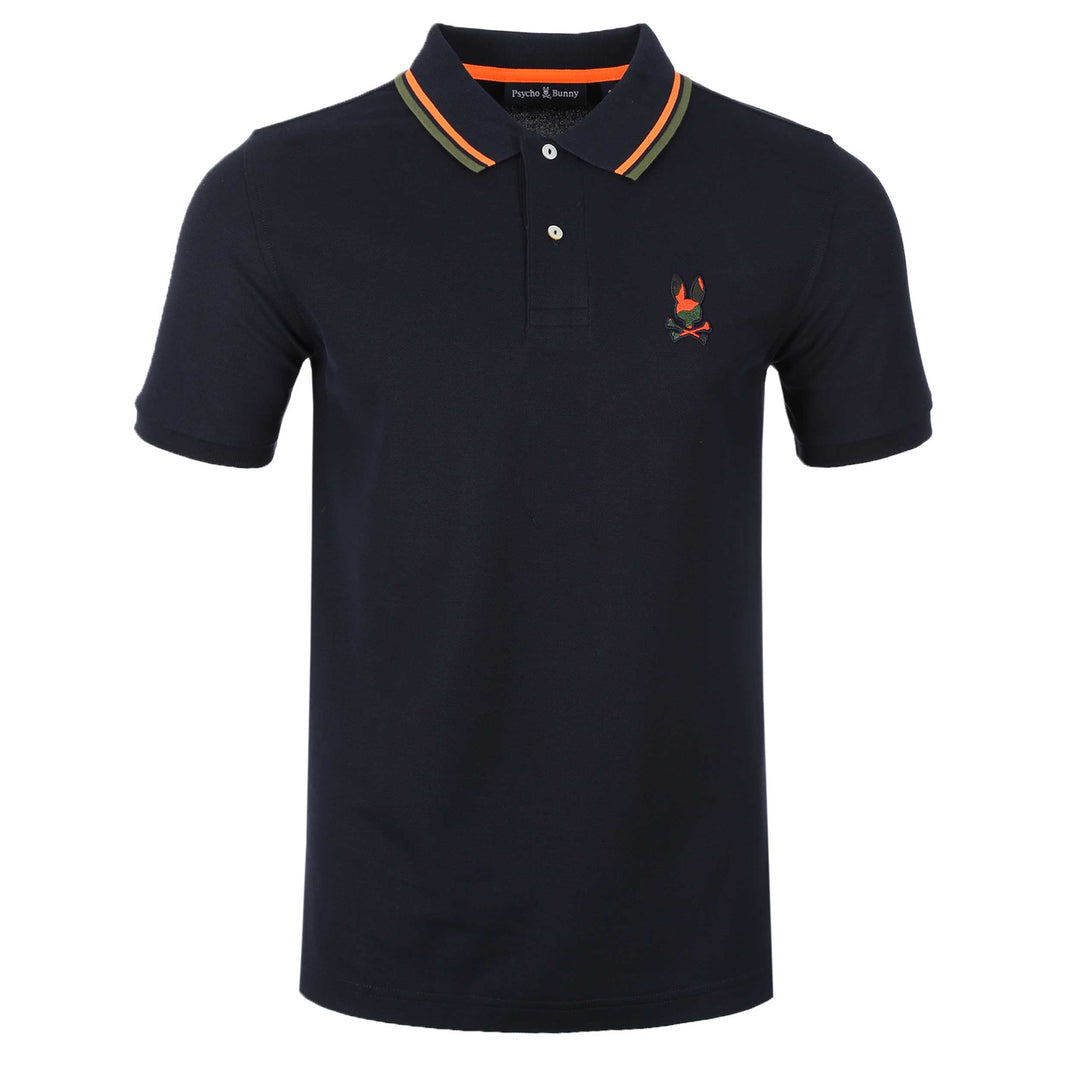 Camiseta Polo Psycho Bunny 🐰  Pique en color azul navy y naranja con diseño de cuello Talla M Entalle Regular
