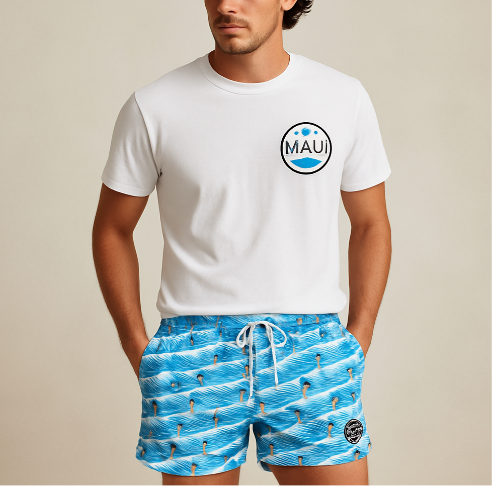 Short de baño Maui and sons 🏄🏽‍♂️ color azul con diseño de surfistas talla L