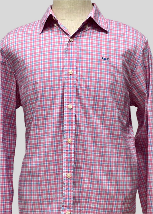 Camisa Vineyard Vines 🐳 Performance color blanco de cuadros en color rosado y celeste Talla L Entalle Clásico