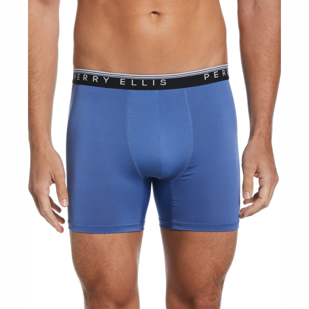 Paquete de 4 Boxer Perry Ellis Tela de microfibra con patrón en color negro, gris, rojo y celeste Talla M