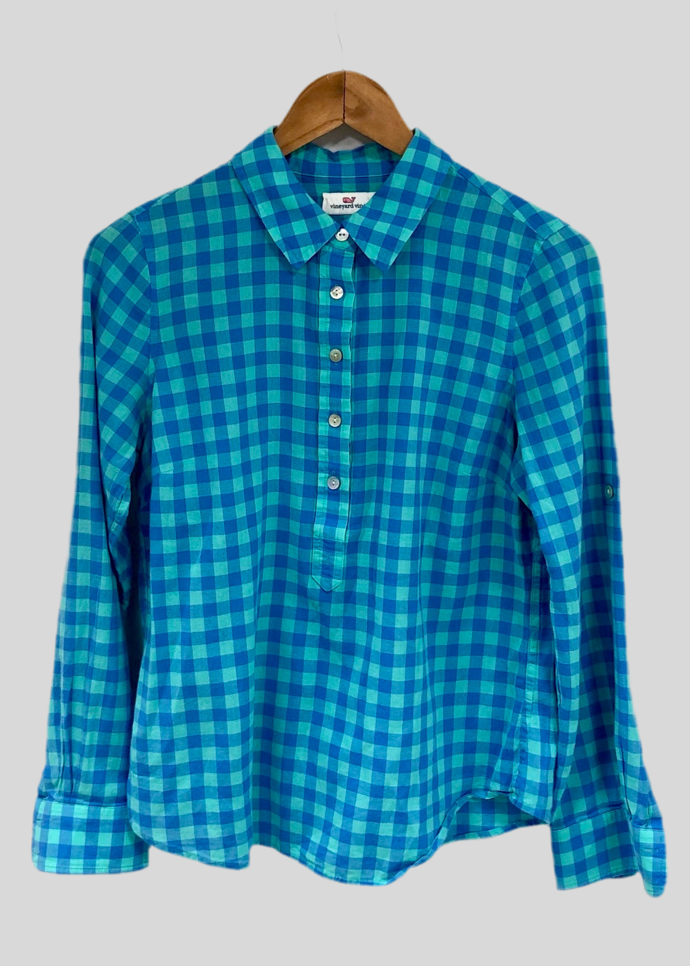 Camisa de mujer Vineyard Vines 🐳 con patrón de cuadros en azul y turquesa Talla S (4) Entalle Regular