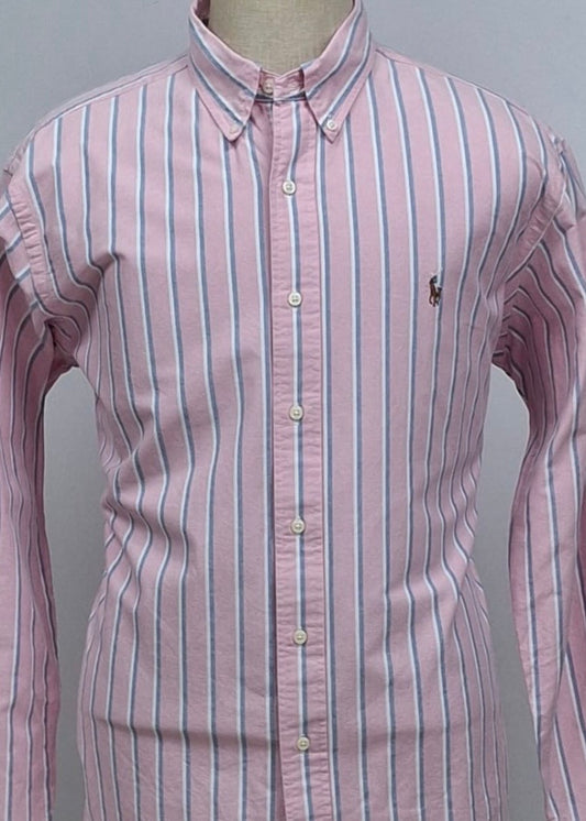 Camisa Polo Ralph Lauren 🏇🏼 Oxford color rosado con rayas en color celeste y blanco Talla XL Entalle Clásico