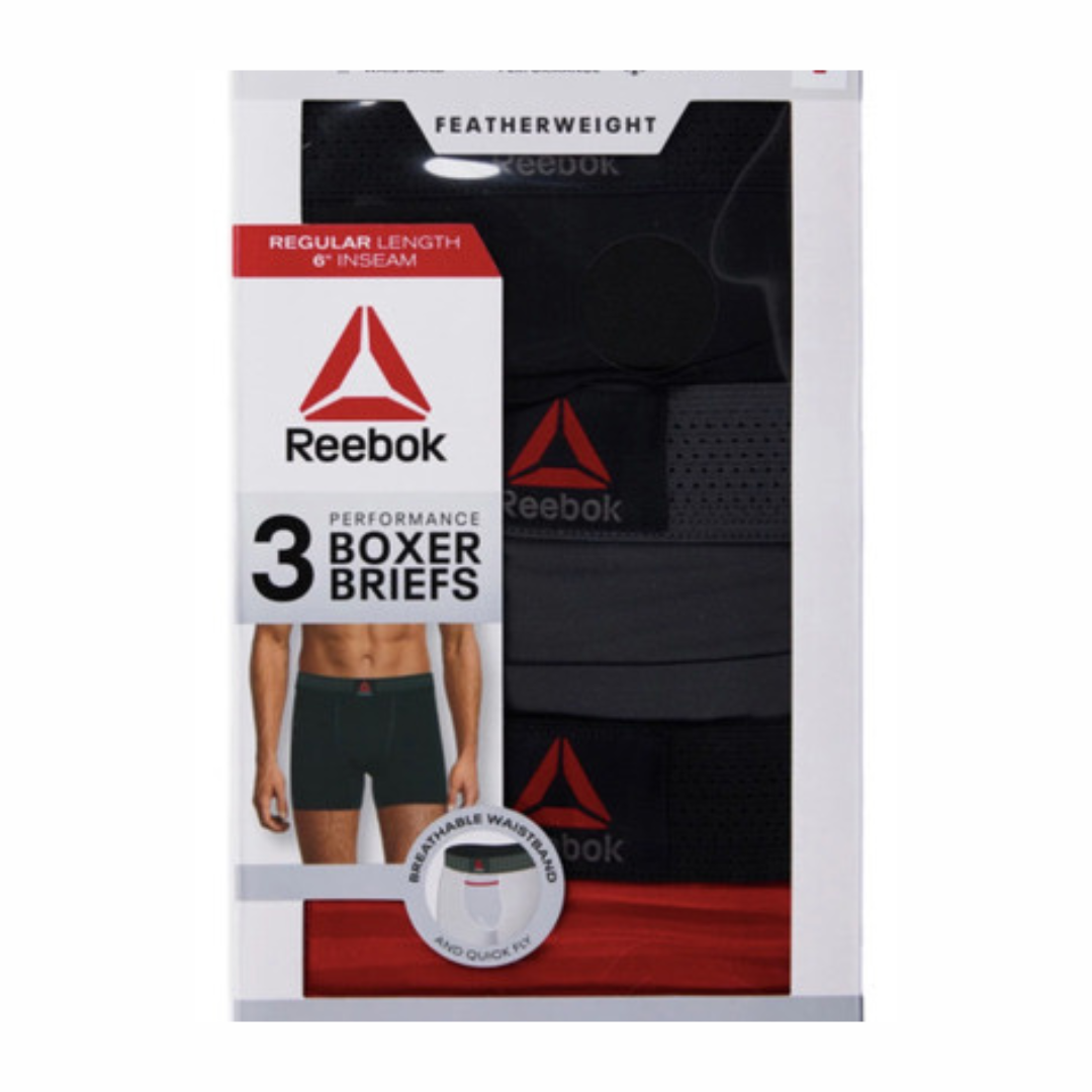 Combo de 3 Boxers Briefs Reebok Tela Performance en color negro, gris y rojo Talla 2XL y 3XL