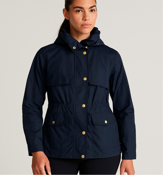 Jacket de mujer con capucha marca Cole Haan color azul navy y con zíper completo Talla L