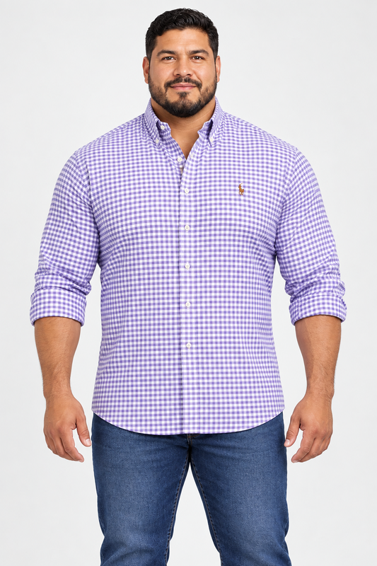 Camisa Polo Ralph Lauren 🏇🏼 Oxford con patron de cuadros gingham en color morado y blanco Talla XL Entalle regular