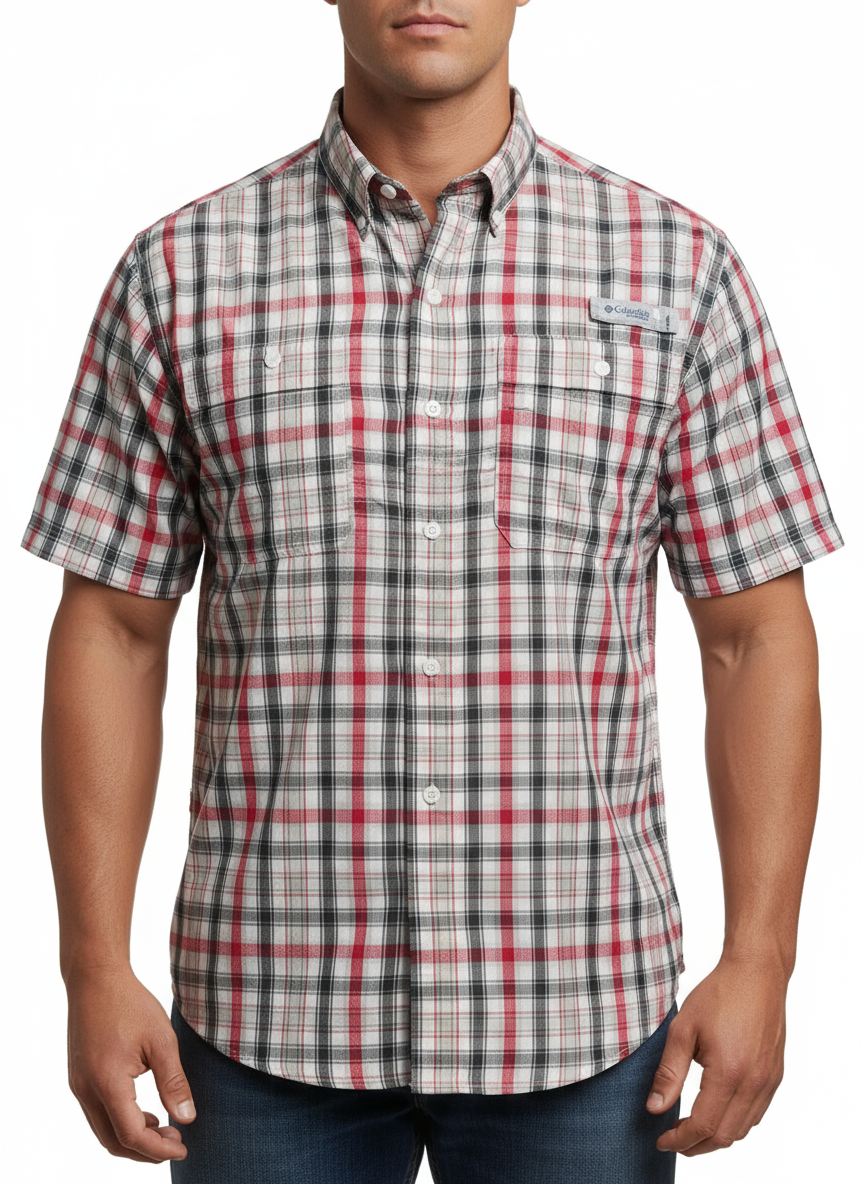 Camisa Columbia 🔹con patrón de cuadros rojo, verde oscuro y crema con Omni Shade Manga corta Talla M