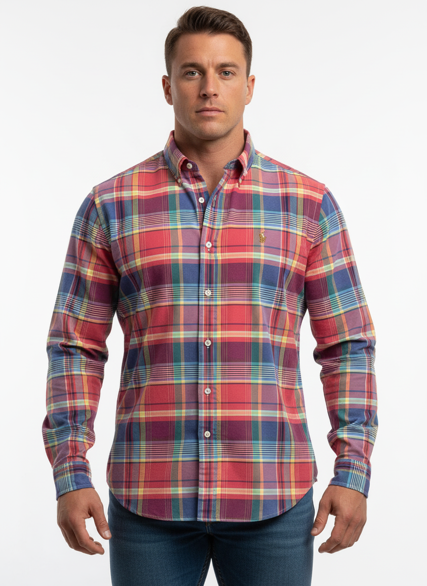 Camisa de botones Polo Ralph Lauren 🏇🏼 Oxfod con patron de cuadros tartán en rojo, azul y amarillo Talla L Entalle Regular