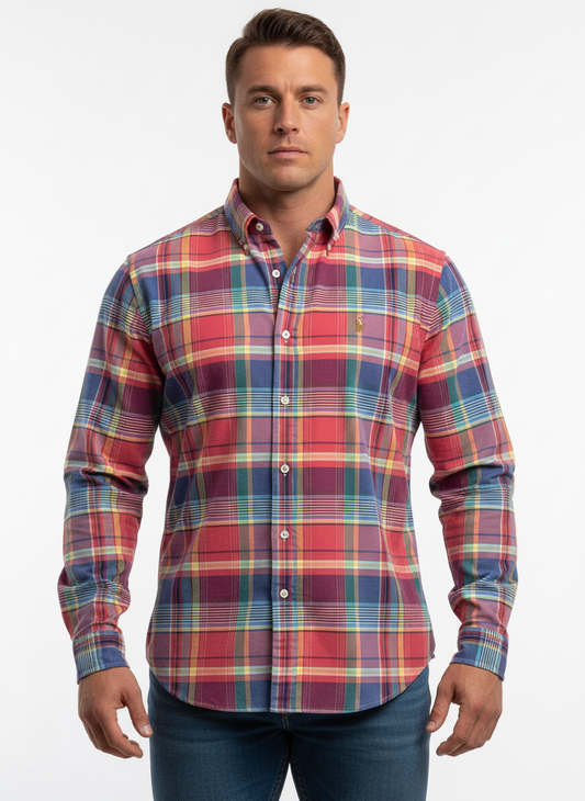 Camisa de botones Polo Ralph Lauren 🏇🏼 Oxfod con patron de cuadros tartán en rojo, azul y amarillo Talla L Entalle Regular
