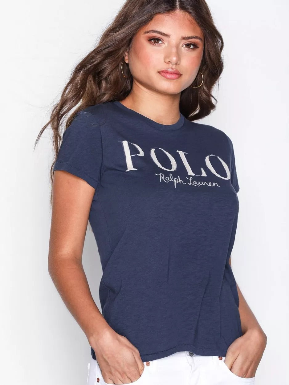 Camiseta cuello redondo de mujer Polo Ralph Lauren 🏇🏼 color azul navy con diseño de logo blanco Talla XS Entalle Regular