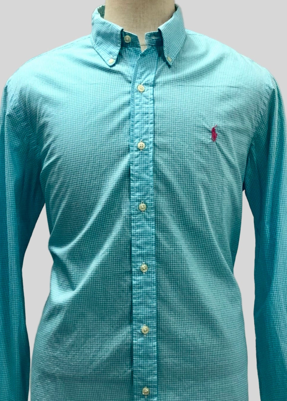 Camisa Polo Ralph Lauren 🏇🏼 con patrón de cuadros gingham turquesa y blanco Talla L Entalle Regular
