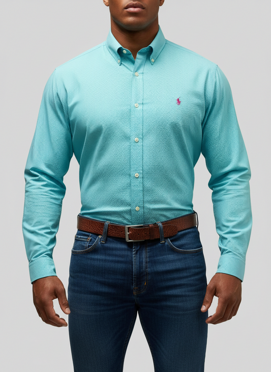 Camisa Polo Ralph Lauren 🏇🏼 con patrón de cuadros gingham turquesa y blanco Talla L Entalle Regular