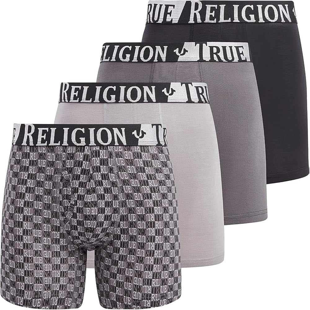 Paquete de 4 Boxers Briefs True Religion 👖 Tela de algodón modal color Negro, gris y diseño de logo Talla S