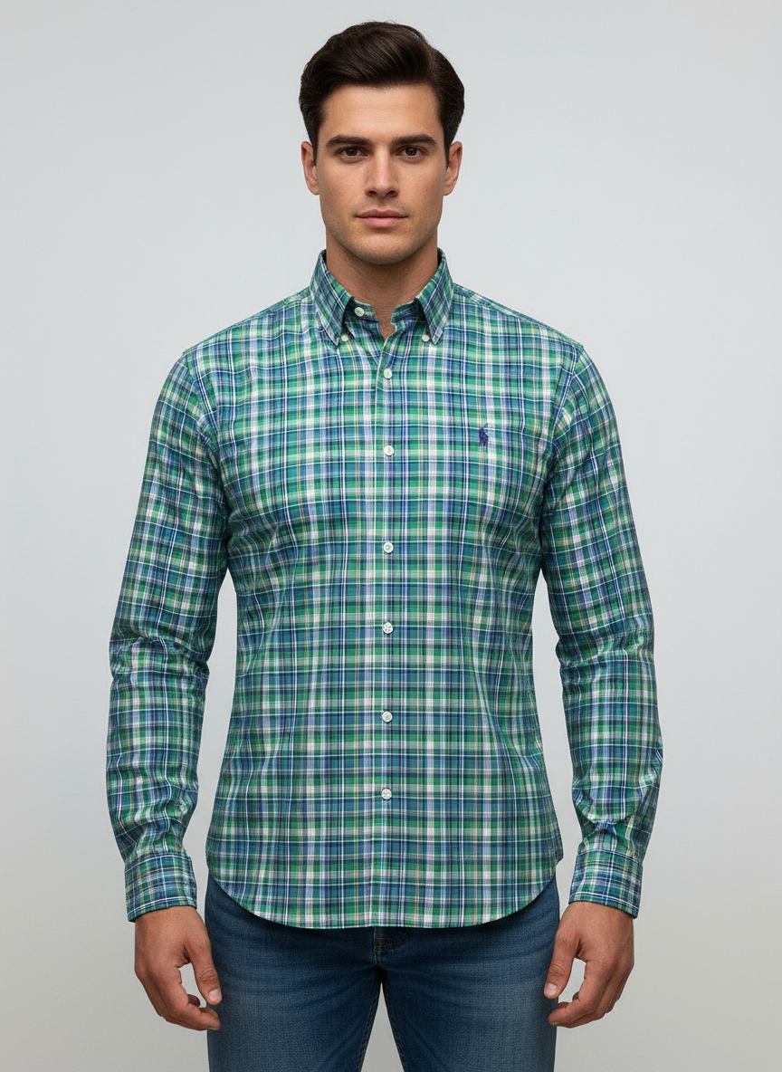 Camisa Polo Ralph Lauren 🏇🏼 color verde de cuadros en color morado y blanco Talla S Entalle Regular