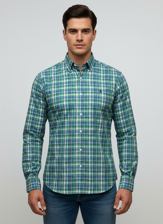 Camisa Polo Ralph Lauren 🏇🏼 color verde de cuadros en color morado y blanco Talla S Entalle Regular