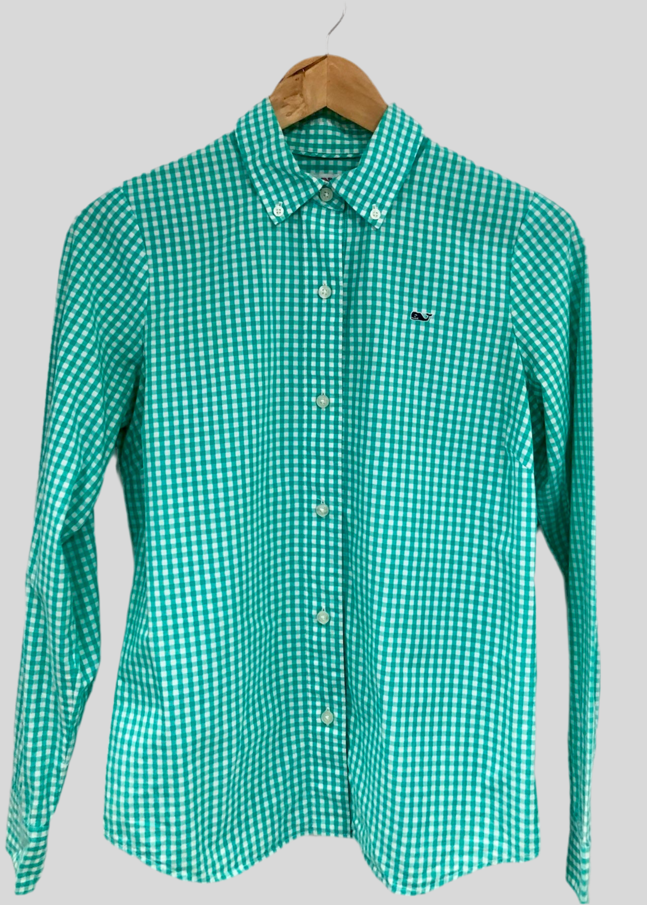 Camisa de mujer Vineyard Vines 🐳 con patrón de cuadros en turquesa y blanco Talla XS (2) Entalle Regular