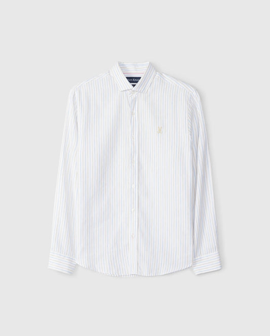 Camisa de botones Psycho Bunny 🐰  Tela de lino color blanco de rayas en color celeste y dorado Talla L Entalle Regular