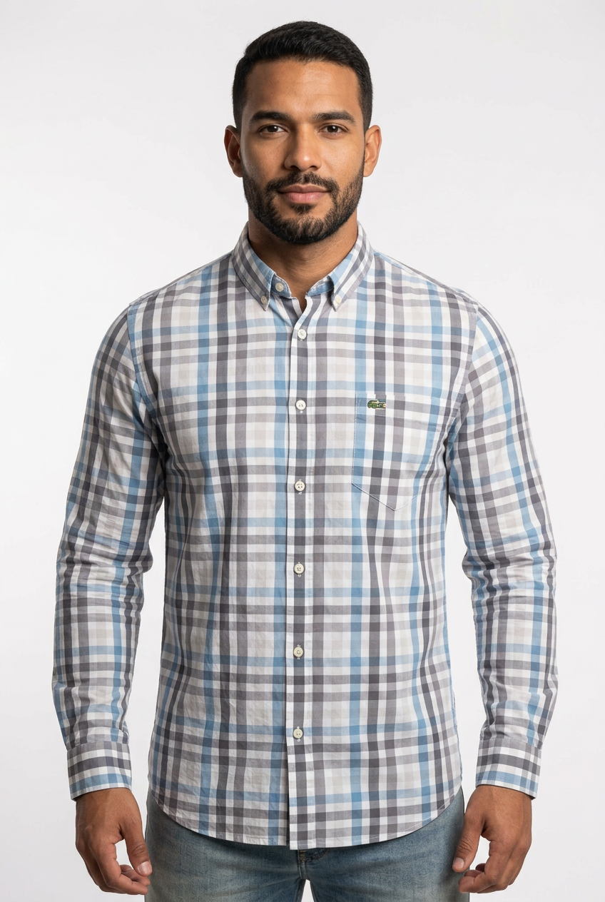 Camisa de botones Lacoste 🐊 color blanco de cuadros en color verde azul y gris Talla M Entalle Regular