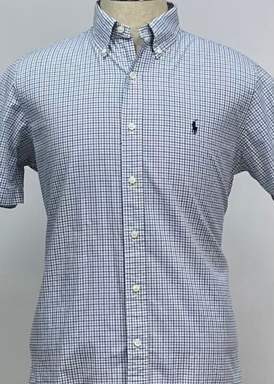 Camisa Polo Ralph Lauren 🏇🏼 color blanco con patron de cuadros en color azul y negro Talla M Entalle Regular