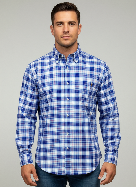 Camisa Polo Ralph Lauren 🏇🏼 Oxford color blanco con patron de cuadros azul y rojo Talla XL Entalle Slim Fit