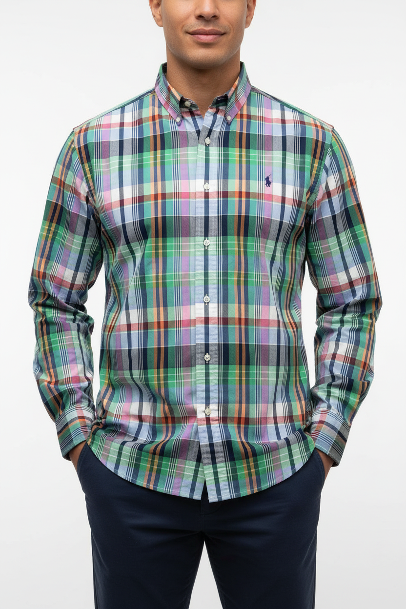 Camisa Polo Ralph Lauren 🏇🏼 de cuadros tartán en color azul, verde, rojo y blanco Talla S Entalle Clásico