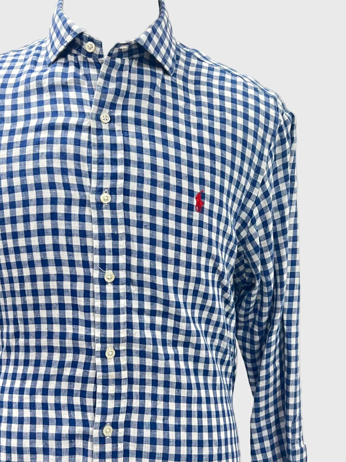 Camisa de botones Polo Ralph Lauren 🏇🏼 De lino con patrón de cuadros gingham azul y blanco Talla L Entalle Regular