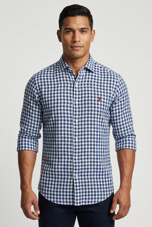 Camisa de botones Polo Ralph Lauren 🏇🏼 De lino con patrón de cuadros gingham azul y blanco Talla L Entalle Regular