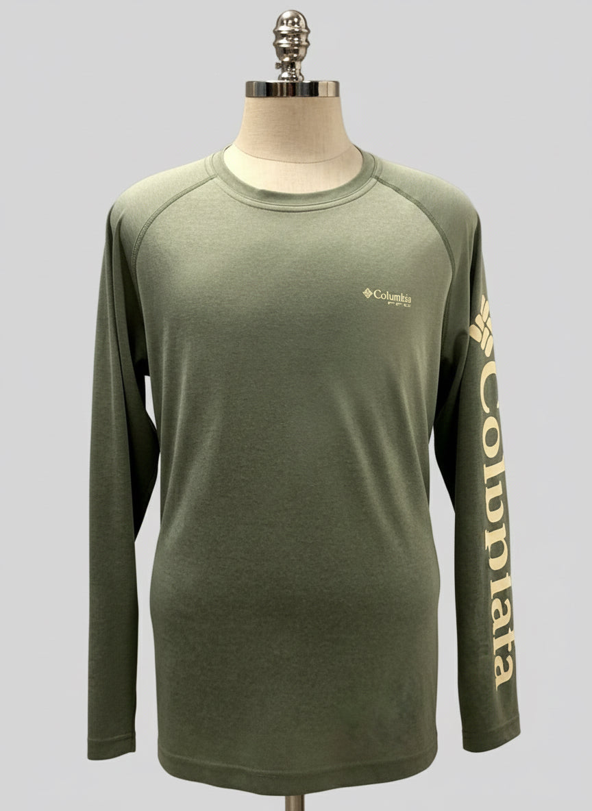 Camiseta cuello redondo Columbia 🔷 color verde oliva manga larga Talla L