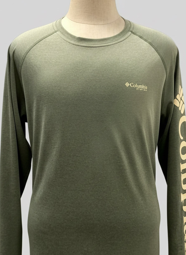 Camiseta cuello redondo Columbia 🔷 color verde oliva manga larga Talla L