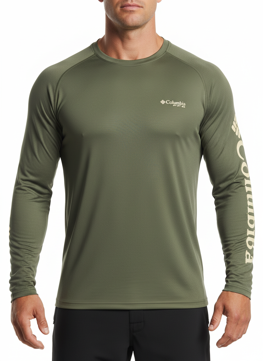 Camiseta cuello redondo Columbia 🔷 color verde oliva manga larga Talla L