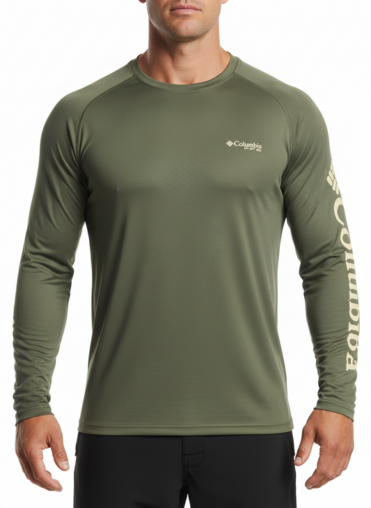 Camiseta cuello redondo Columbia 🔷 color verde oliva manga larga Talla L