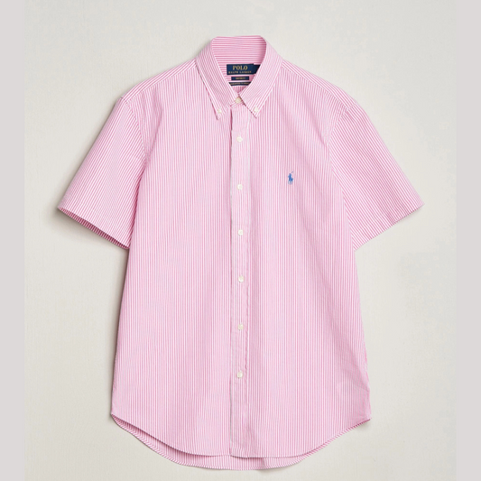 Camisa Polo Ralph Lauren 🏇🏼  Color blanco con patrón de rayas en rosado Seersucker Talla XXL Entalle Clásico