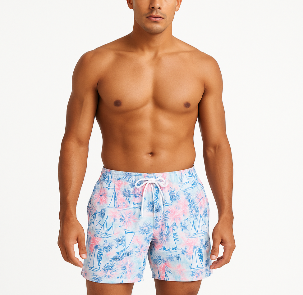 Short de baño Lilly Pulitzer color blanco con diseño playero en azul y rosado talla M