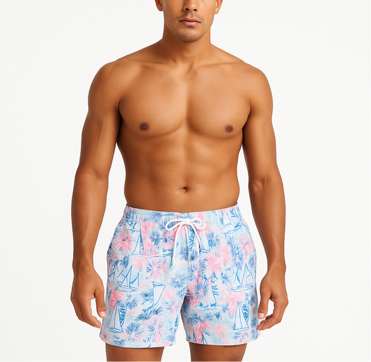 Short de baño Lilly Pulitzer color blanco con diseño playero en azul y rosado talla M