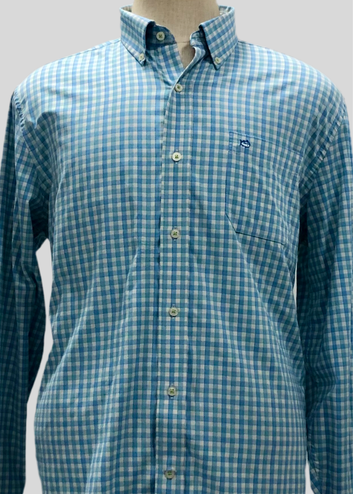 Camisa de botones Southern Tide 🐟 Performance con patron de cuadros en color celeste, verde y blanco Talla L Entalle Regular