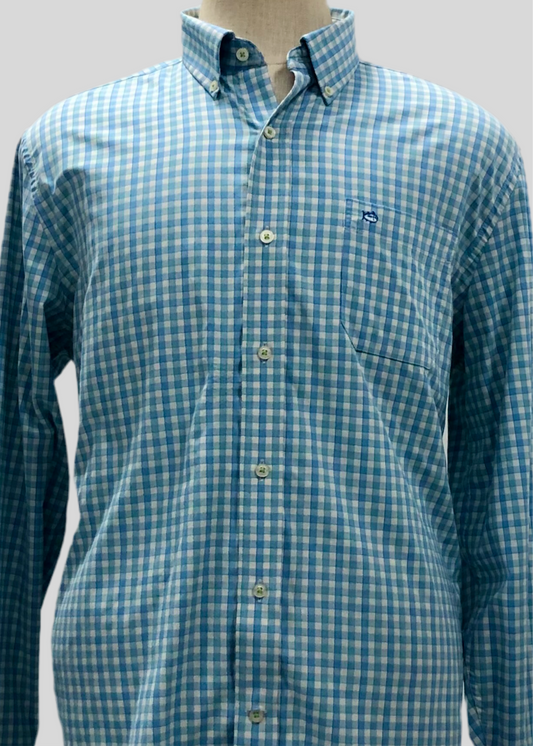 Camisa de botones Southern Tide 🐟 Performance con patron de cuadros en color celeste, verde y blanco Talla L Entalle Regular