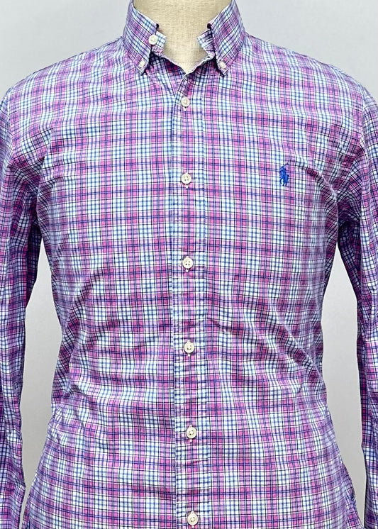 Camisa Polo Ralph Lauren 🏇🏼 con patrón de cuadros rosado, blanco y azul Talla M Entalle Slim Fit