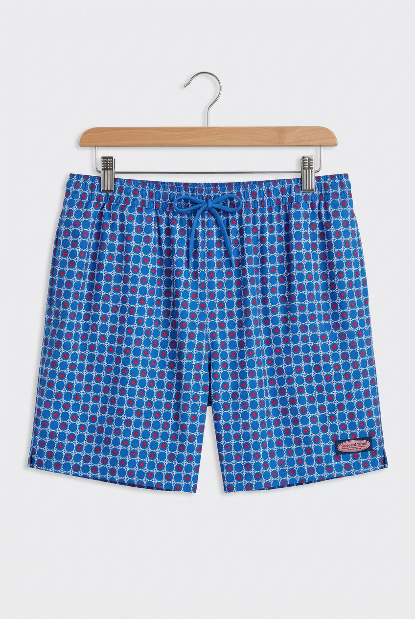 Short de baño Vineyard Vines 🐳 con diseño circular en azul, celeste y rojo talla XL