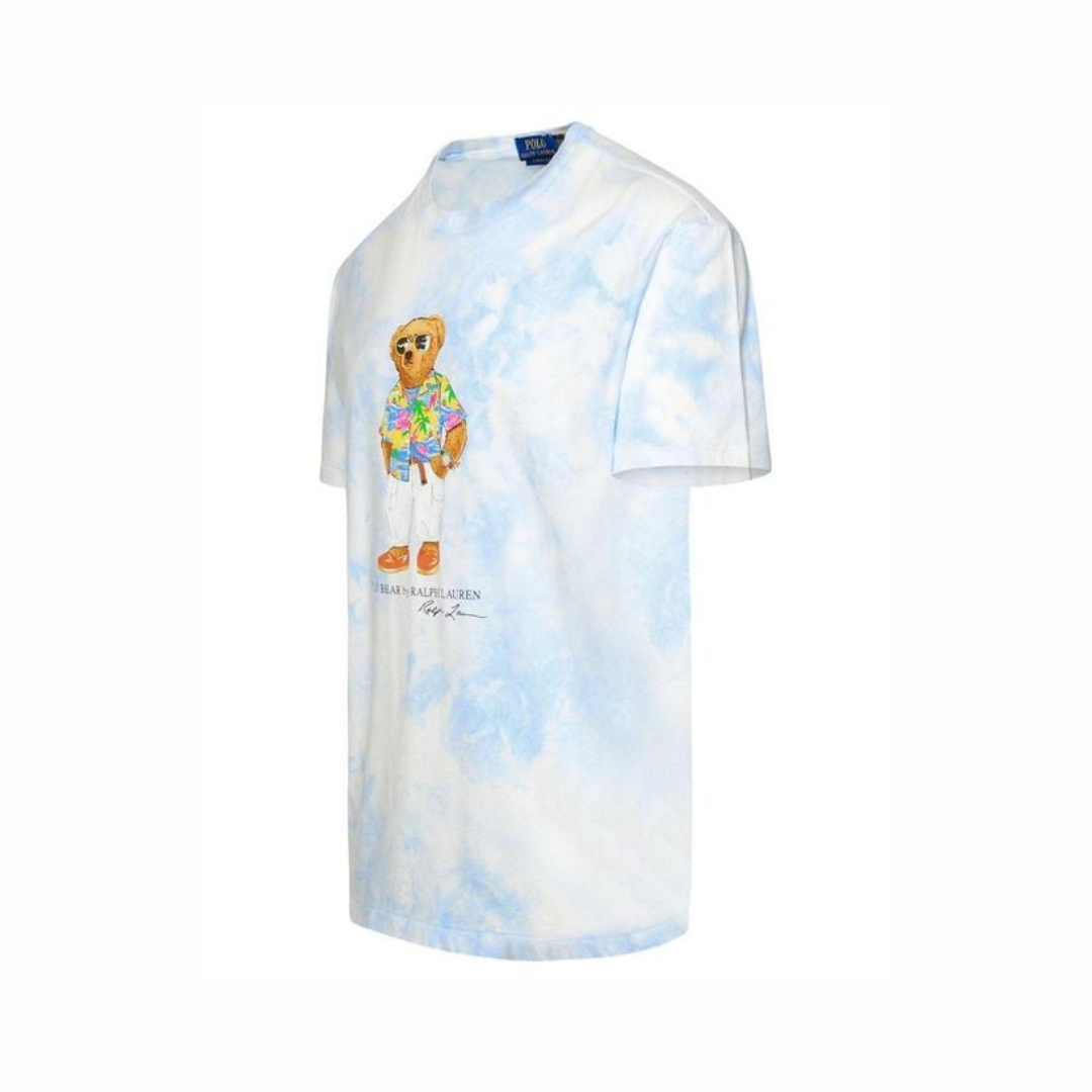 Camiseta cuello redondo Polo Ralph Lauren 🏇🏼 Tye dye color celeste y blanco con diseño de polo bear Talla XXL Entalle Clásico