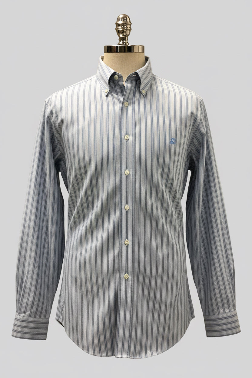 Camisa de botones Brooks Brothers 🐑 De rayas en color celeste, gris y blanco Talla L Entalle Slim Fit