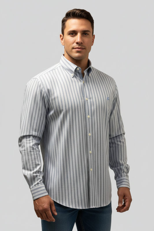 Camisa de botones Brooks Brothers 🐑 De rayas en color celeste, gris y blanco Talla L Entalle Slim Fit