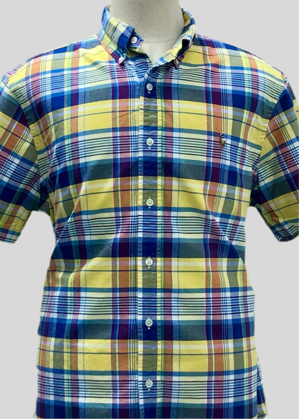 Camisa de botones Polo Ralph Lauren 🏇🏼 Oxford de cuadros tartán amarillo, azul y blanco Talla XL Entalle Slim Fit