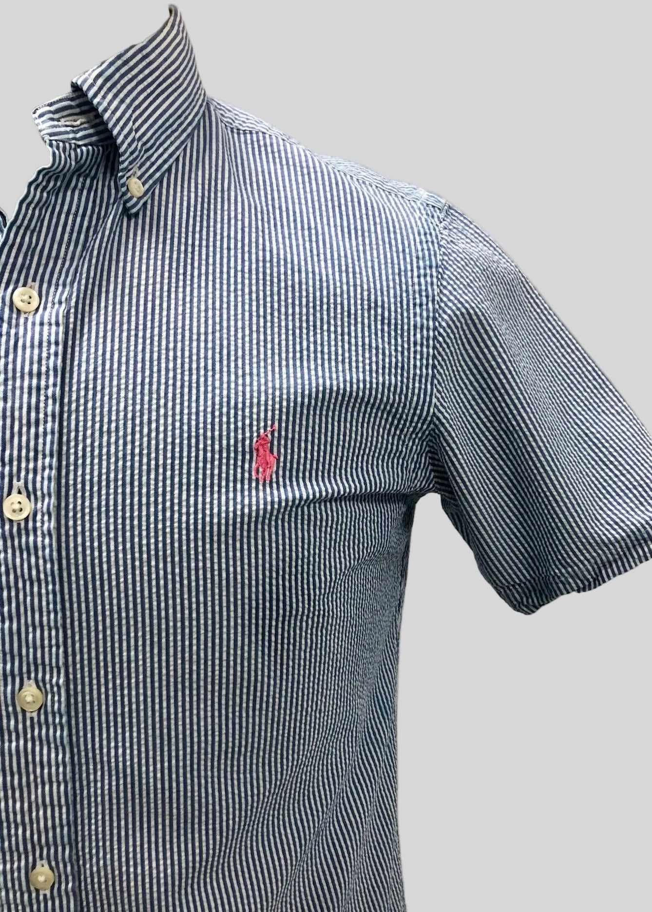 Camisa Polo Ralph Lauren 🏇🏼 Seersucker de rayas en color azul y blanco Talla S Entalle Regular